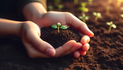 Hands holding soil with young seedling sprouting. Symbol of new life, growth, and environmental care. Sustainable agriculture and gardening concept. Nurturing nature image with warm sunlight.