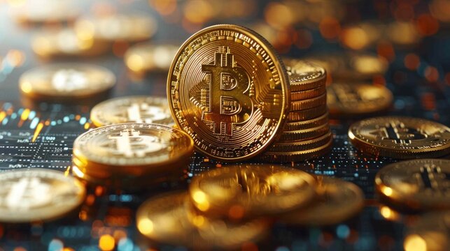 Bitcoin BTC with Cryptocurrency coin. Virtual blockchain technology future money background