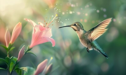 Fototapeta premium Delicate hummingbird hovering near a vibrant flower, its wings a blur of motion