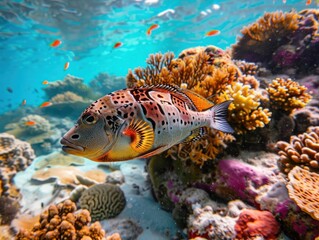 Fototapeta premium fish with black and yellow stripes swimming near coral in the Red Sea