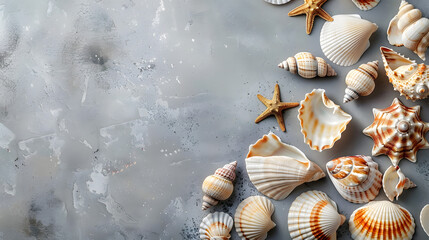 Obraz premium Sea shells on gray background Summer theme with shells flat lay and copy space