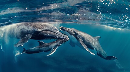 Obraz premium mother whale with her son underwater background
