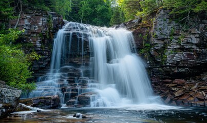 Fototapeta premium Dramatic waterfall cascading down rocky cliffs, water in motion captured with long exposure. Mist swirls around, nature's power on display
