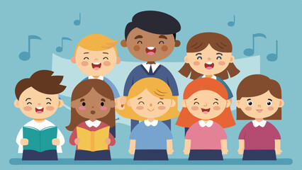  Singing kids. Music school, kid vocal group and children choir sing cartoon vector illustration 