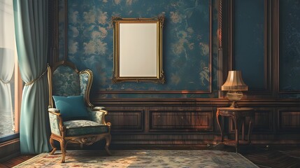 Fototapeta premium Regal bedroom featuring a deep blue vintage wallpaper and classic furniture.