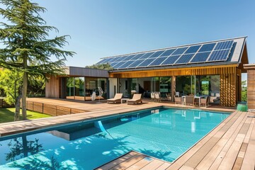Fototapeta premium Modern house with solar panels and pool