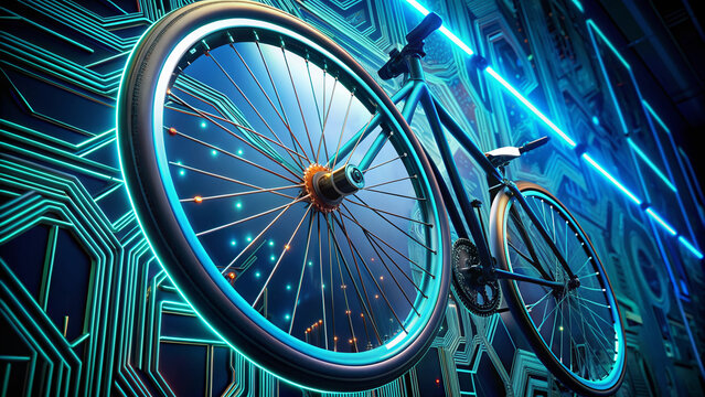 Futuristic cycling wheel with built-in computer screen displaying speed, cadence, and navigation data, set against a dark background with neon circuit board lines.