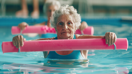 Determined senior woman is participating in a water aerobics class, exercising with a pool noodle