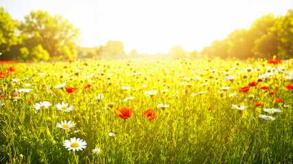 Fototapeta premium Beautiful Field of Wildflowers in Full Bloom Under a Bright Sunlit Sky - Photograph of Vibrant Summer Meadow with Poppies and Daisies
