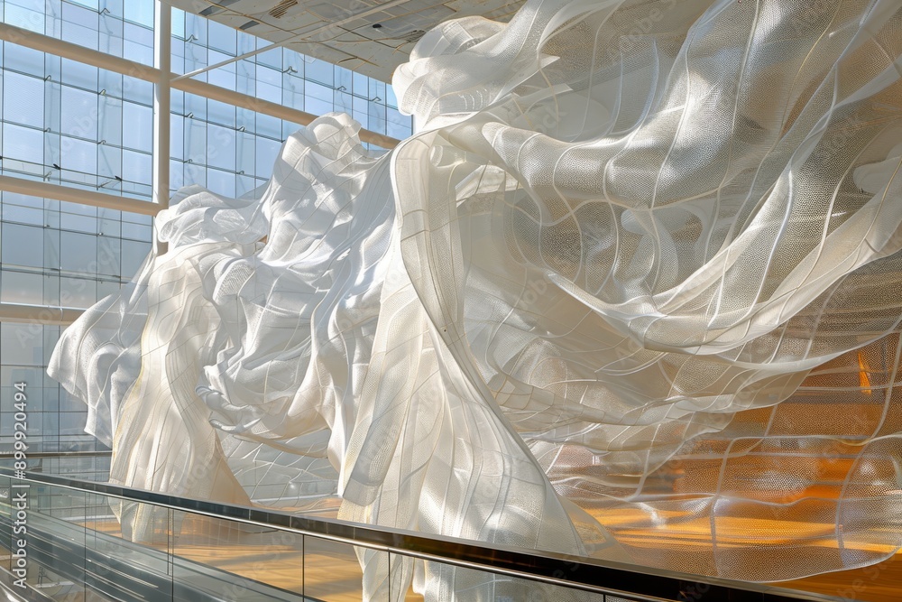 Poster abstract installation of flowing white fabric capturing movement light and artistic expression in a 