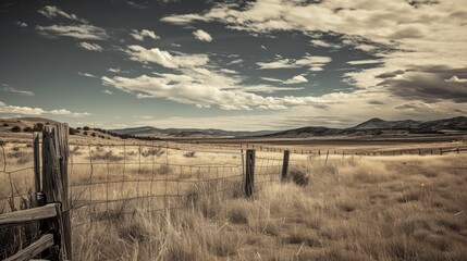 Fototapeta premium A panoramic view of a vast open field stretches to the horizon with mountains in the distance. The old wooden fence in the foreground adds a rustic touch, while the scattered clouds enhance the