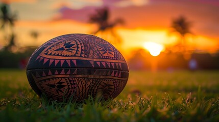 A rugby ball featuring minimalist tribal patterns on the green and lush grass of the field under the bright lights
