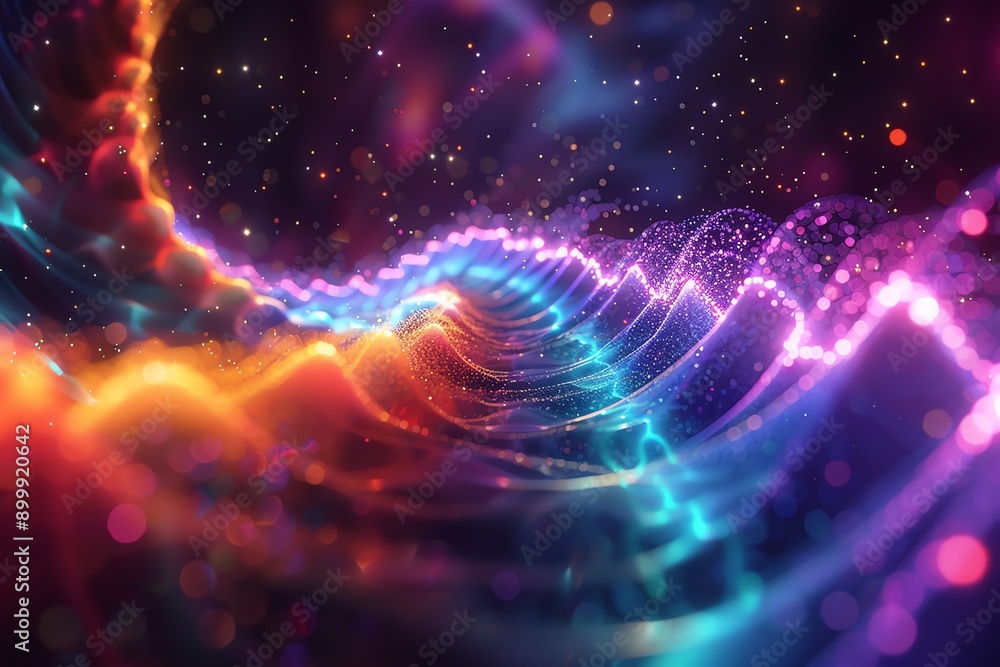 Aufkleber abstract digital wave flowing in vibrant colors with a cosmic background, representing futuristic te