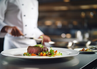 chef preparing dish of sirloin garnished with vegetable in a kitchen with the chef in the background out of focus. Selective focus-