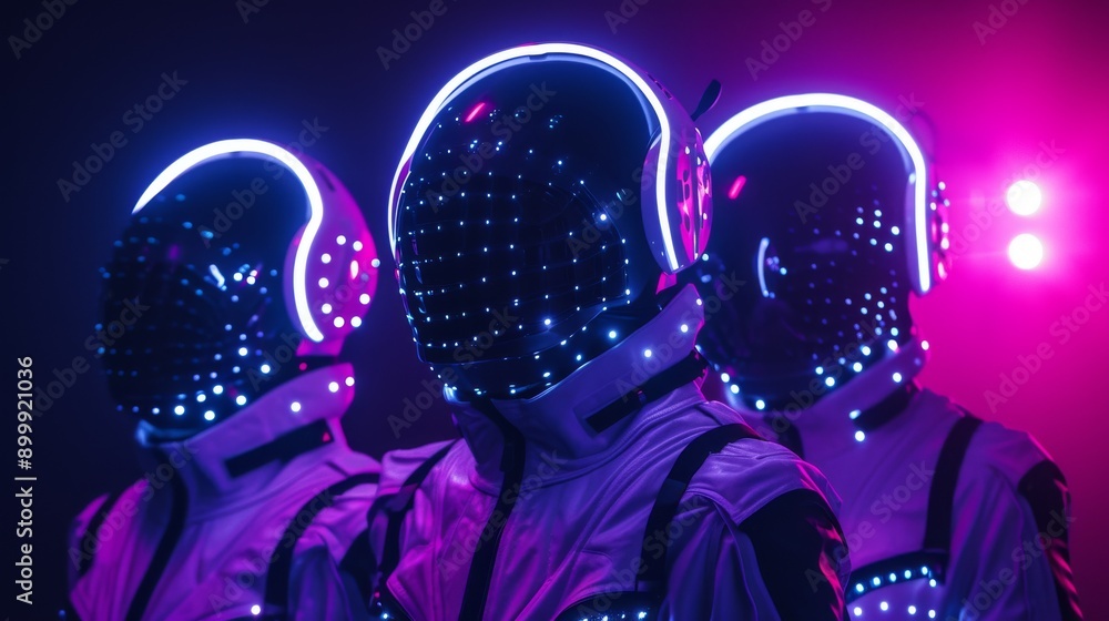 Poster three astronauts in high-tech led-lit helmets and suits stand together in a futuristic setting bathe