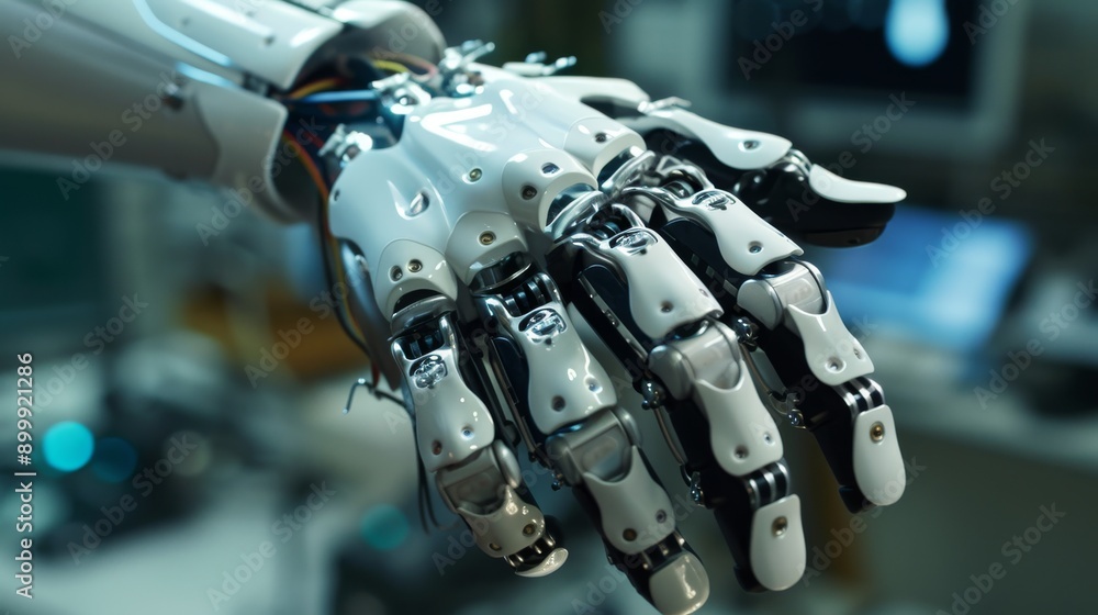 Poster a close-up of a highly intricate robotic hand, featuring complex mechanical parts and advanced techn