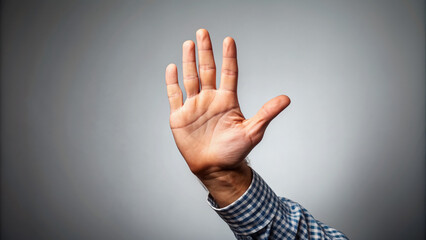 A solitary hand with outstretched palm and fingers together, as if signaling halt, isolated on a plain background, conveying a sense of pause or prohibition.