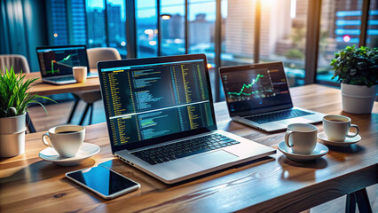 High-tech coding workspace with laptop, keyboard, and code-filled screens, surrounded by empty coffee cups, notes, and diagrams, evoking intense programming and innovation.
