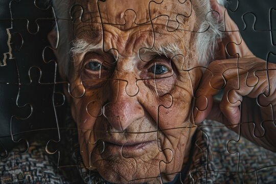 Puzzle of an old man with Alzheimer's. Concept of illness, memory loss, dementia and Alzheimer's in older people