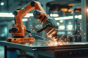 Robotic arm with advanced laser technology cutting materials, sparks in a smart factory