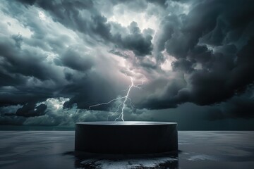 Scenic panorama featuring a sleek black podium, turbulent lightning storm backdrop, striking contrast