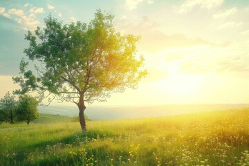 Obraz premium Serene landscape with single tree in meadow, surrounded by lush greenery and soft sunlight, peaceful atmosphere