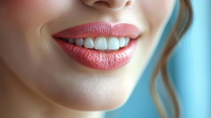 Close-up of a woman's smiling lips, showcasing healthy and white teeth.