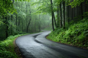 Obraz premium Serene winding road through lush green forest on a misty day, capturing the beauty and tranquility of nature