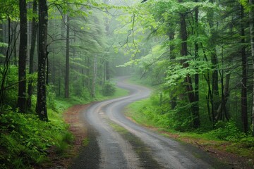 Obraz premium Serene winding road through lush green forest on a misty day, capturing the beauty and tranquility of nature