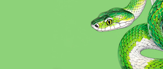 Obraz premium Illustration of a Green Snake, Symbol of the 2025 Chinese Zodiac Year of the Snake. Snake on solid background with copy space