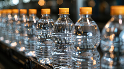 close-up of plastic bottles of mineral water on a production line