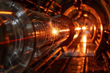 High-energy particle accelerator capturing stunning physics experiments with lasers and advanced technology in a futuristic laboratory setting.