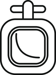 Simple black and white line icon of an airplane porthole presenting landing trajectory