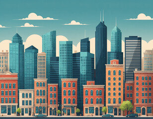 Fototapeta premium Urban building skyline panoramic - Flat Design Illustration - generated by ai