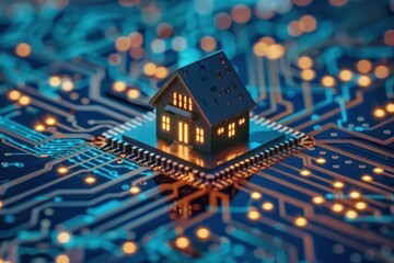 Smart Home Concept: Digital House on a Circuit Board