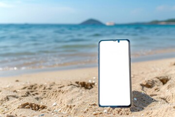 Smartphone with white screen with transparent screen on a summer background, on the beach sea vacation