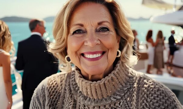 Close-up portrait video of a pleased woman in her 50s that is wearing a cozy sweater against a luxurious yacht party with people mingling background
