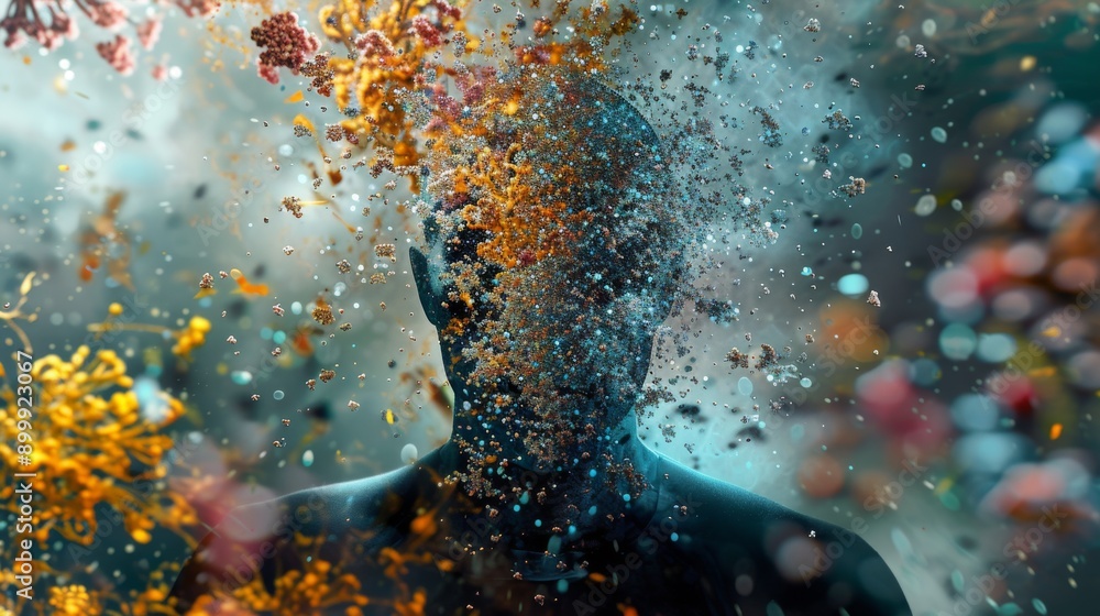 Poster an abstract digital artwork depicting a human silhouette dissolving into a myriad of colorful partic