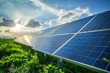 Solar Panels and Green Plants in a Field