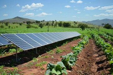 Solar Panels and Green Plants in a Field