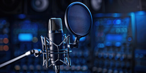 A studio microphone on a dark blue background, the image captures voice with detailed audio waveforms. Ideal for recording studios, broadcasting, or podcasting.