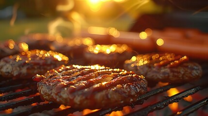 Closeup of juicy burger patties grilling on a hot barbecue grill.