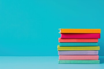 Stack of Colorful Books on a Blue