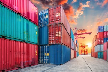 Stacks of cargo containers at port, logistics hub, international trade