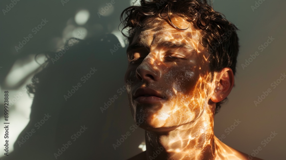 Poster a captivating portrait of a man with intricate light patterns on his face, creating a mesmerizing an