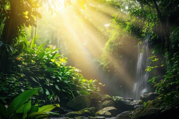 Fototapeta premium Sunlight streaming through lush green forest with waterfall in background