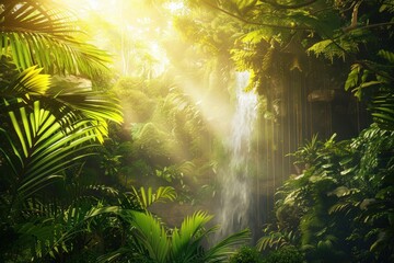 Sunlight streaming through lush green forest with waterfall in background