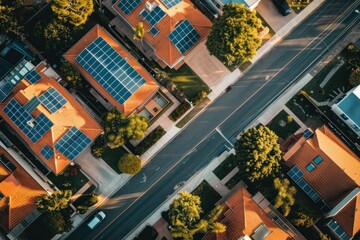 Sustainable energy community with solar panels on rooftops, focus on green living