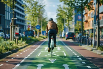 Sustainable transport planner designing bicycle lanes in a city, focus on eco-friendly urban mobility
