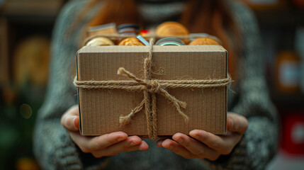 Hands with a gift box with canned goods for donation.